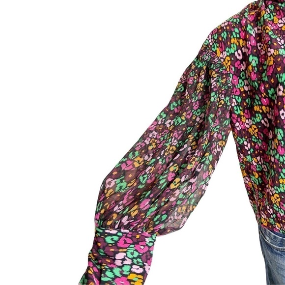 Multicolor Blouse Top Sheer Puffy Long Sleeves S - Picture 4 of 7
